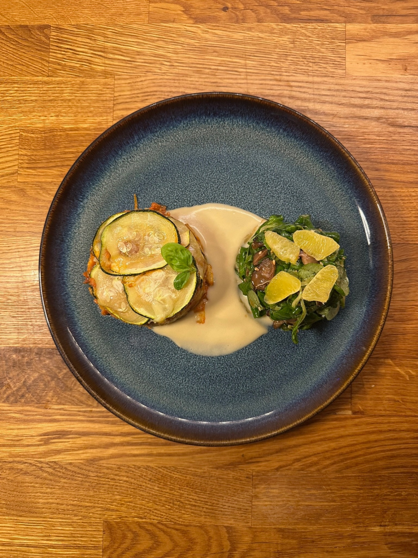 Zucchini and tomato tower with white-bean velouté and citrus-spinach salad